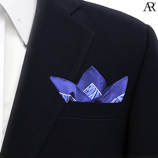 ANGELINO RUFOLO Pocket Square(ผ้าเช็ดหน้าสูท) ผ้าไหมพิมพ์ลายอิตาลี่คุณภาพเยี่ยม ดีไซน์ Paisley สีเทา/น้ำเงิน