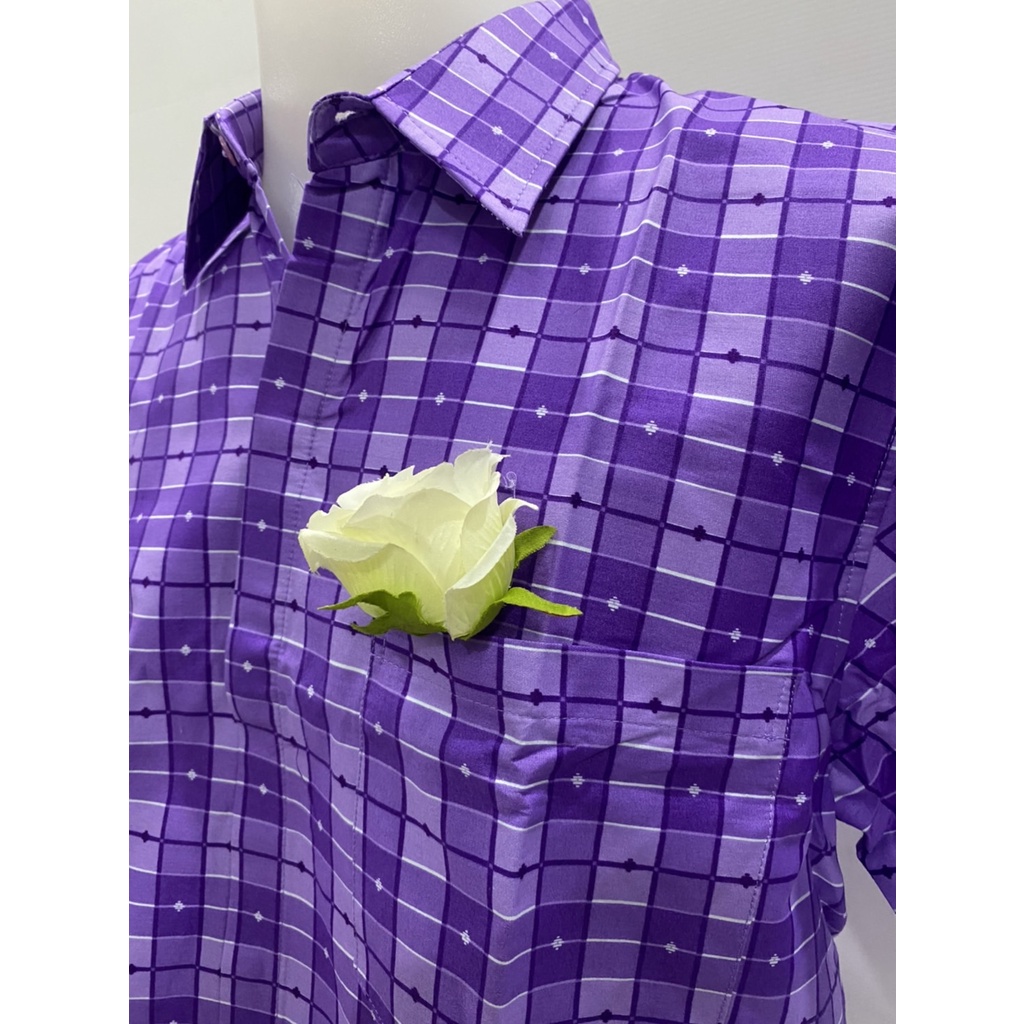 เสื้ออัดกาวลายไทย-คอเชิ้ต-สีม่วงลายสก็อตดอกมะลิ-ผู้ชายไซส์ใหญ่