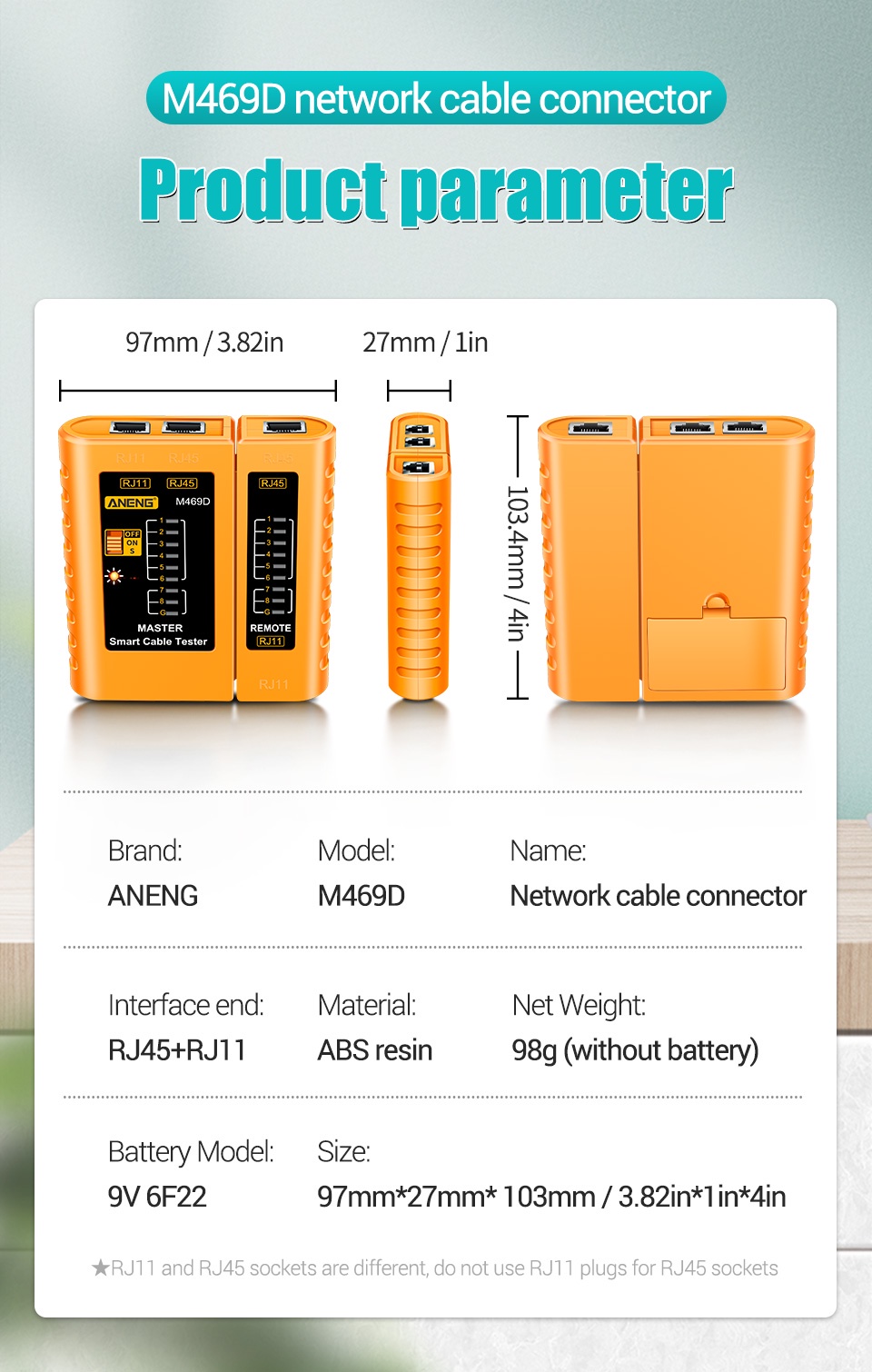 ข้อมูลเกี่ยวกับ Aneng M469D RJ45 เครื่องทดสอบสายเคเบิลเครือข่าย LAN RJ45 RJ11 RJ12 CAT5 UTP LAN