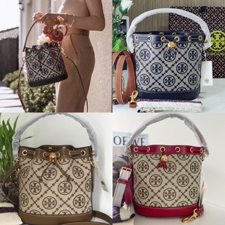 🎀 (สด-ผ่อน) กระเป๋า สีกรม น้ำตาล แดง งานชอป มีถุงผ้า 79487 84336 TORY BURCH T Monogram Jacquard Bucket Bag