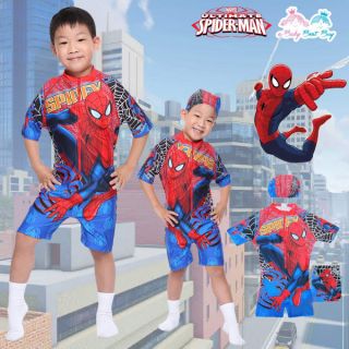ชุดว่ายน้ำเด็กผู้ชาย Spiderman บอดี้สูทเสื้อแขนสั้นกางเกงขาสั้น มาพร้อมหมวกว่ายน้ำและถุงผ้า กันแดด ใส่สบาย ลิขสิทธิ์แท้