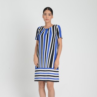 LOF-FI-CIEL Dress เดรสลอฟฟิเซียล ชุดเดรสสั้น ผ้าโพลีเอสเตอร์ ลายริ้ว สีน้ำเงิน (FL16NV)
