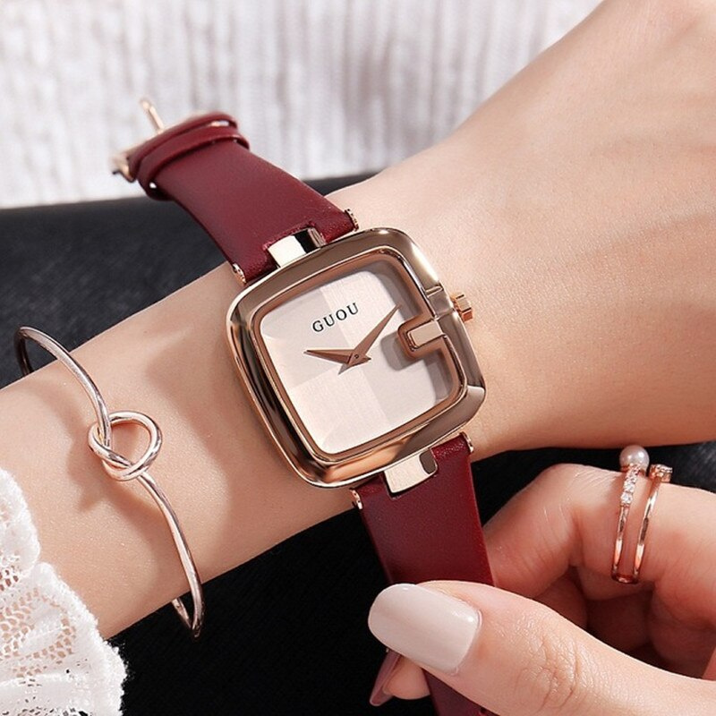 ภาพหน้าปกสินค้าGUOU8190 Luxury Brand Women's Watch Lady Quartz Watches Watch Rose Gold Leather Strap Square Simple Clock Hours 8190 จากร้าน guouoffical123.th บน Shopee