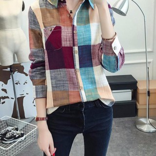 เสื้อเชิ้ตแขนยาว ลายสก็อต แฟชั่นสตรี