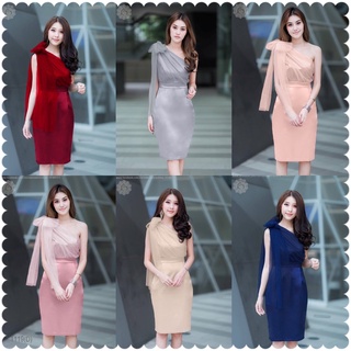 BS1119  Dress เดรสสั้นไหล่เฉียง 1 ข้าง งานเนื้อผ้าซาร่า เนื้อผ้ามันเงาสวยดูหรูหรา เดรสทรงเข้ารูป ตีเกล็ดหน้าหลังทรงสวยจ