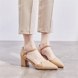 💥Hot Sale 👠 รองเท้าแตะเป่าโถวรองเท้าผู้หญิง 2020 ฤดูร้อนใหม่สไตล์นางฟ้าส้นหนาส้นกลางทุกแบบรองเท้าส้นสูงกับกระโปรง