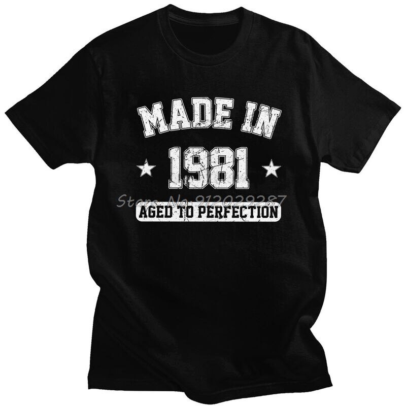 เสื้อยืดผ้าฝ้ายพิมพ์ลายขายดี-เสื้อยืดแขนสั้น-ผ้าฝ้าย-พิมพ์ลาย-made-in-1981-aged-to-perfection-เหมาะกับของขวัญวันเกิด-แฟช