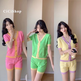 Cicishop(9295)เซตเสื้อไหมพรม+กางเกงขาสั้น ผ้าไหมพรมทอสีทูโทนดีเทลผ้าปั๊มลาย neontone!