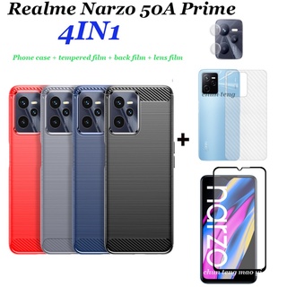 (4in1) Realme Narzo 50A Prime เคสโทรศัพท์ แบบแปรง + กระจกนิรภัย แบบเต็มจอ + ฟิล์มเลนส์ + ฟิล์มด้านหลัง