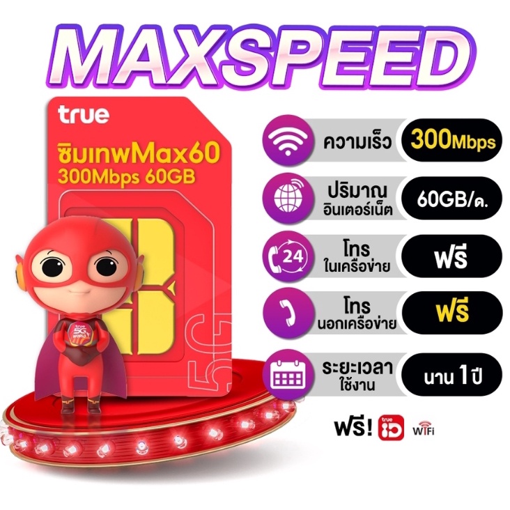 ซิมเทพทรู-true-max-speed-60gb-ความเร็ว-300mbps-โทรฟรีทุกค่ายไม่อั้น-ซิมแม็กสปีด-ซิมเน็ตรายปีไม่ต้องเติมเงิน