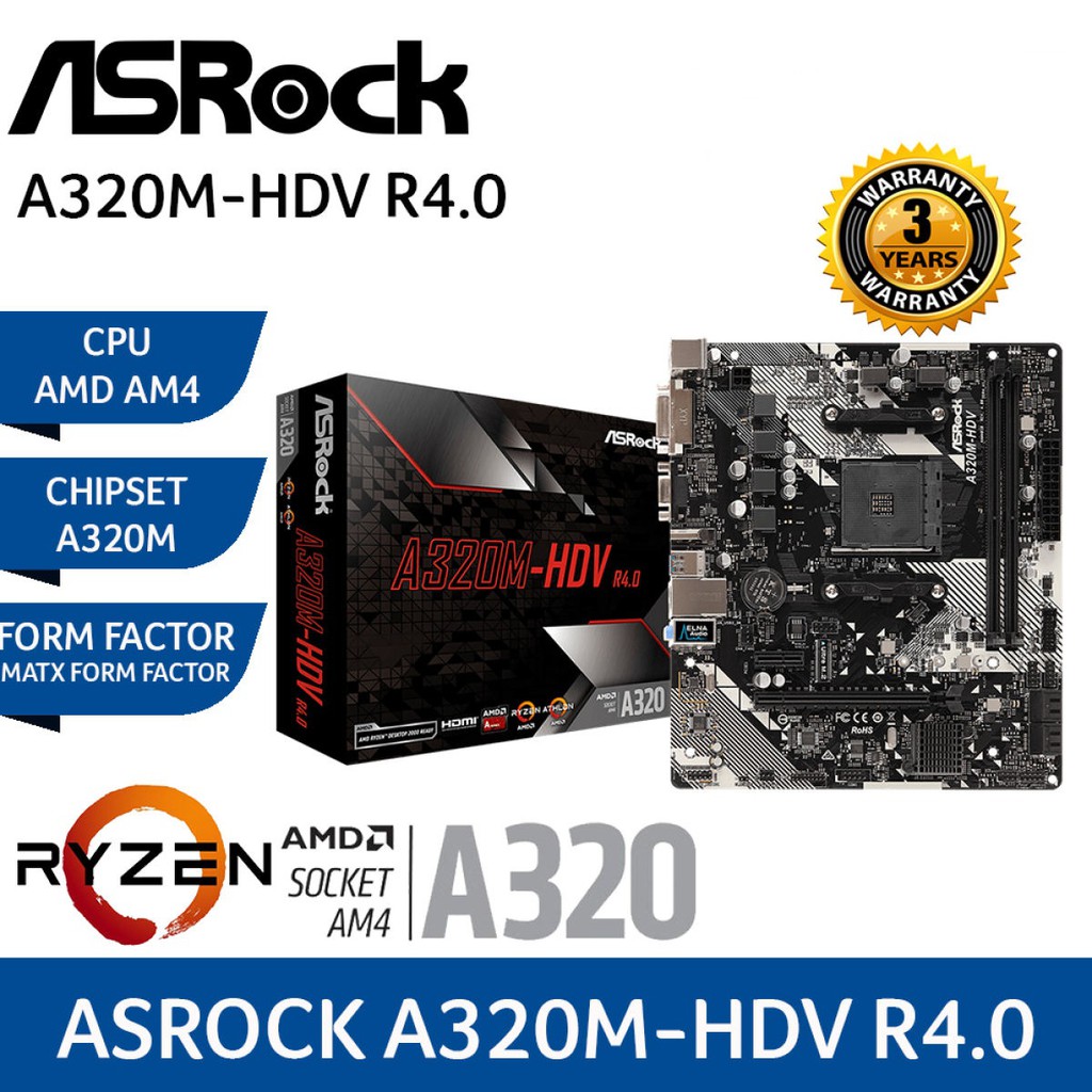 MAINBOARD (เมนบอร์ด) AM4 ASROCK A320MHDV R4.0 Warranty 3 Y Shopee
