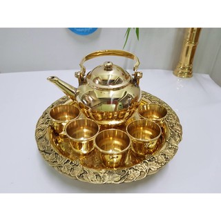 Brass byfa SET1258 ชุดน้ำชา ขนาดกลาง  กาน้ำขนาด 5นิ้ว  ถ้วยชาทรวกระบอก เบอร์2 (4.5*4ซม.) จานองุ่น ขนาด9” งานทองเหลืองแท้