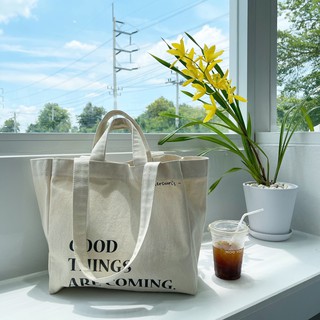 ภาพหน้าปกสินค้าMCRS001 - Mercuri\'s Tote Bag กระเป๋าผ้าดิบ ‘ GOOD THINGS ARE COMING ‘ ที่เกี่ยวข้อง