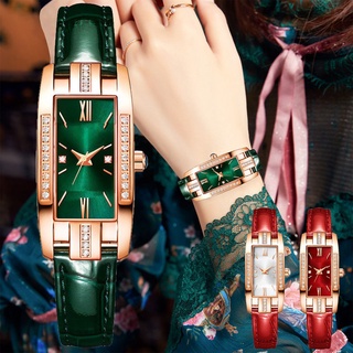 นาฬิกาข้อมือสตรี Diamond Small Green Watch สายหนังย้อนยุค สร้อยข้อมือแฟชั่น Quartz Montre