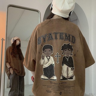 010หนังนิ่มการ์ตูนพิมพ์เสื้อยืดแขนสั้นผู้ชายฤดูร้อน ins น้ำแบรนด์อเมริกันย้อนยุคฮิปฮอปสีน้ำตาลเสื้อยืดหนัก