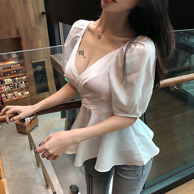 แฟชั่น-2021ฤดูร้อนสไตล์เกาหลีใหม่vคอเอวเซ็กซี่เปลือยสีทึบสั้นแขนสั้นเสื้อชีฟองเสื้อผ้าผู้หญิง