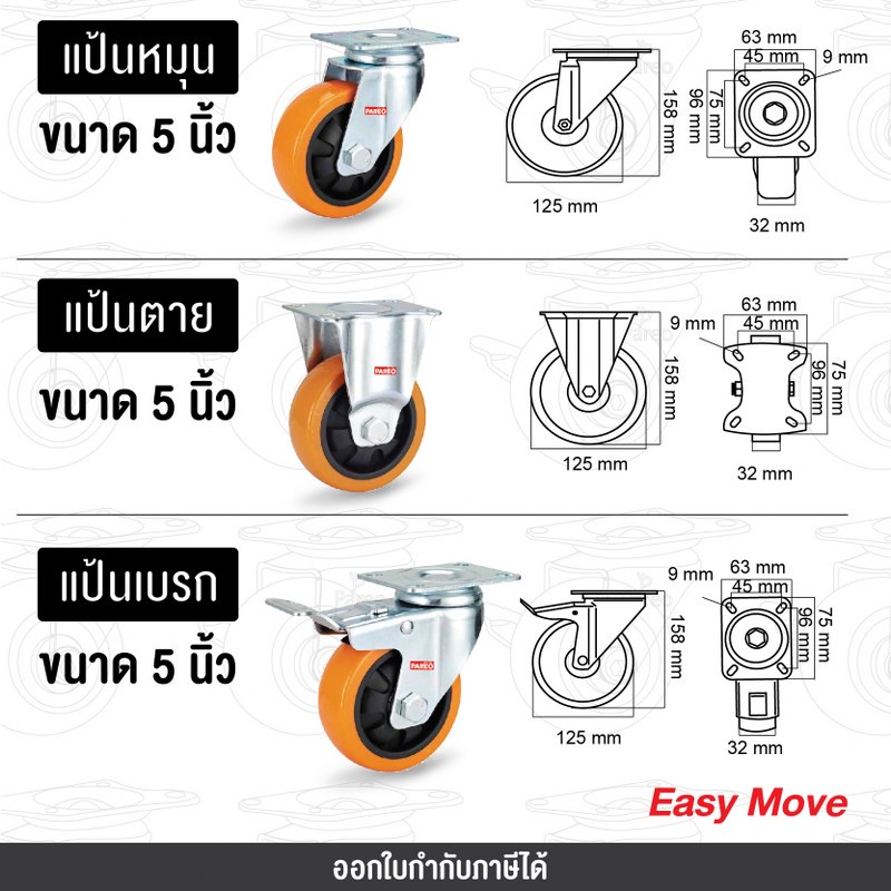 ล้อพียู-5-นิ้ว-125มม-แป้นหมุน-แป้นตาย-แป้นเบรก-ล้อpuoไฮเทค-series-value-b-ล้อเป็น-ล้อรถเข็น-ล้อราคาถูก