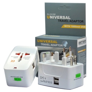 เช็ครีวิวสินค้าUniversal Travel 2USB Adaptor ALL IN ONEหัวแปลงปลั๊กทั้วโลก สำหรับนักเดินทาง (สีขาว)