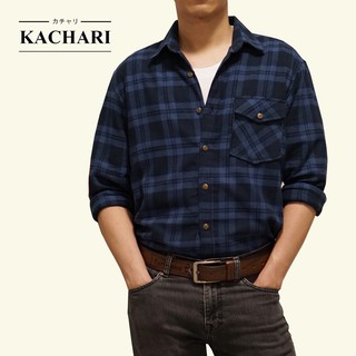 KACHARI เสื้อลายสก๊อตแขนยาว(สีน้ำเงิน) พร้อมส่งฟรี  ผ้าคอตตอน