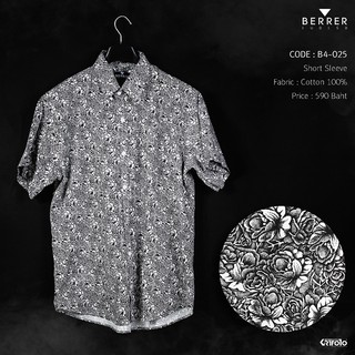 BERRER เสื้อผ้าผู้ชายอ้วน : เสื้อเชิ้ตแขนสั้น ลายดอกไม้ขาว