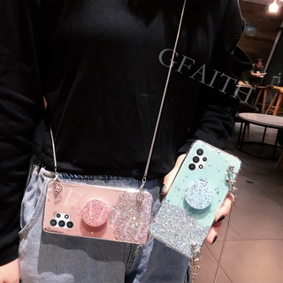 เคสโทรศัพท์ Samsung Galaxy A32 5G Glitter Star Case Soft TPU Casing Phone Cover With Stand Holder Metal Messenger Chain Strap