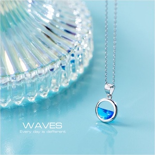 s925 Waves necklace สร้อยคอเงินแท้ คริสตัลคลื่นสีฟ้าน้ำทะเล มีประกายสดใส ใส่สบาย เป็นมิตรกับผิว