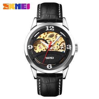 Skmei นาฬิกาข้อมืออัตโนมัติ สายหนัง กันน้ํา สไตล์ทหาร แบรนด์หรู แฟชั่นนักธุรกิจ สําหรับผู้ชาย