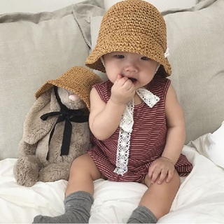 Summer Children Straw Panama Hat Lace Windproof Rope Baby Beach Sun Hat Soft Woven Straw Caps Girl Boy Kids Bucket Hat 1-3Y