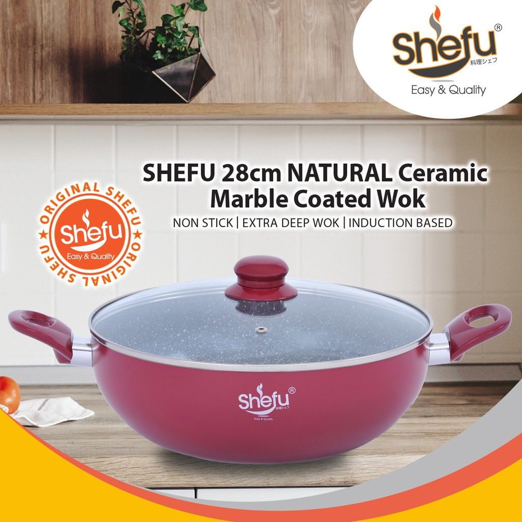 ข้อเสนอพิเศษ Shefu 28cm Ceramic Marble Coating Double Handle Wok with ...