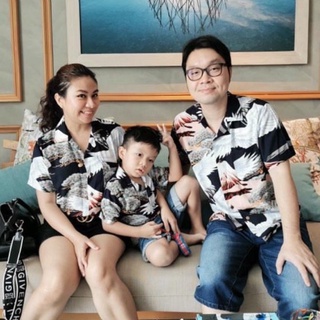 สินค้า เสื้อฮาวาย เด็ก&ผู้ใหญ่  เสื้อครอบครัว Hawaiian aloha Shirts  (นกกะเรียน+ภูเขา พื้นกรม)