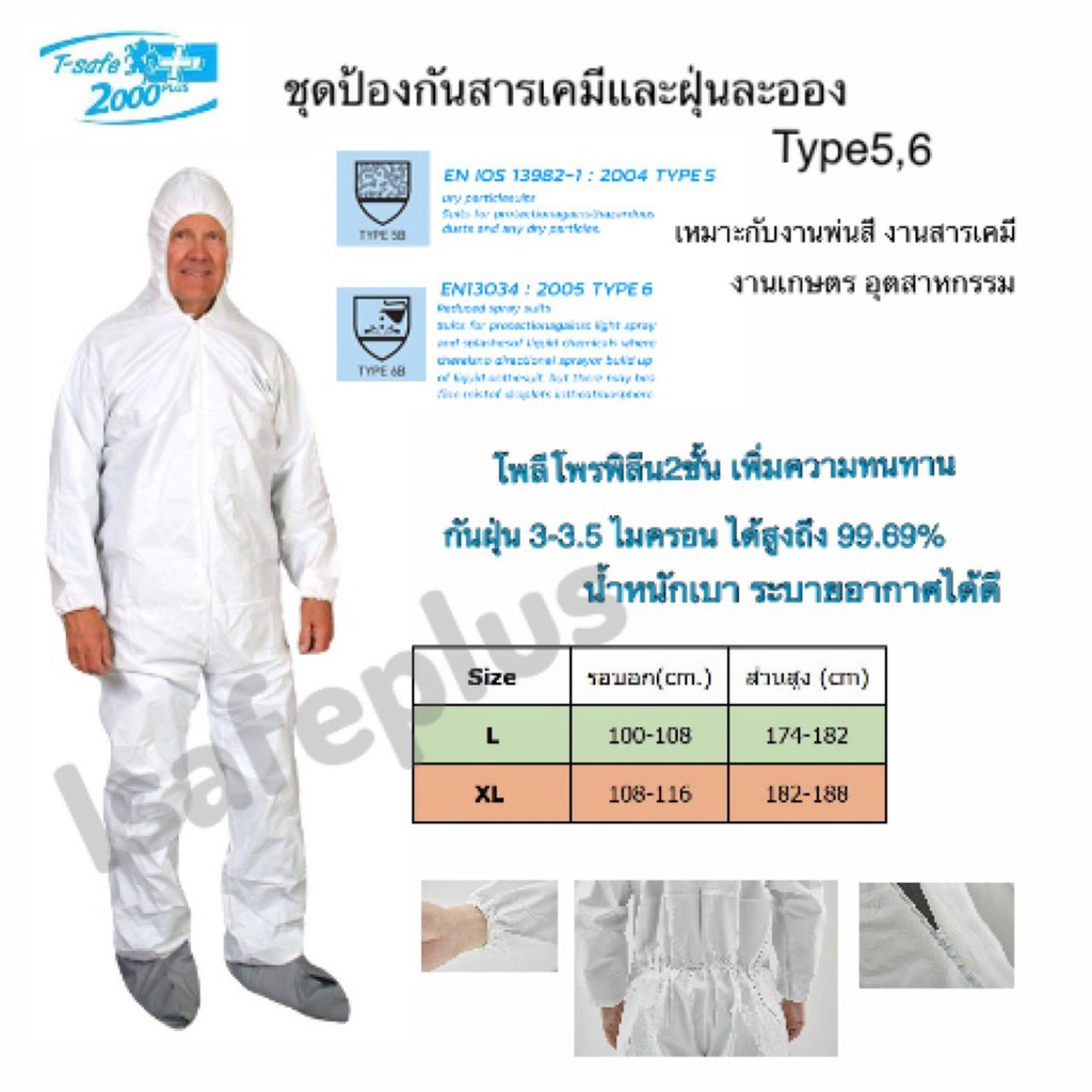 ชุดกันสารเคมี ชุดPPE type5,6 กันฝุ่น กันเปื้อน กันกระเด็น TSAFE 2000P ...