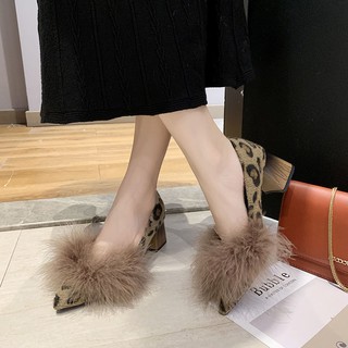 รองเท้าหัวแหลมอเนกประสงค์รุ่นใหม่ของเกาหลี รองเท้าหนังสั้นเซ็กซี่ลายเสือดาว