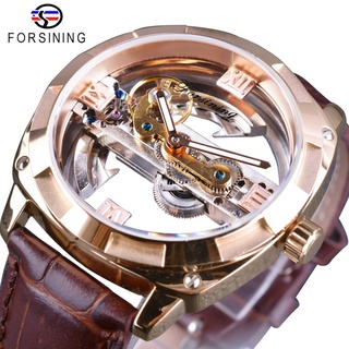 Forsining Rose Golden Brown Genuine Leather Belt Transparent Double Side Open Work Creative Automatic Watches Top Brand