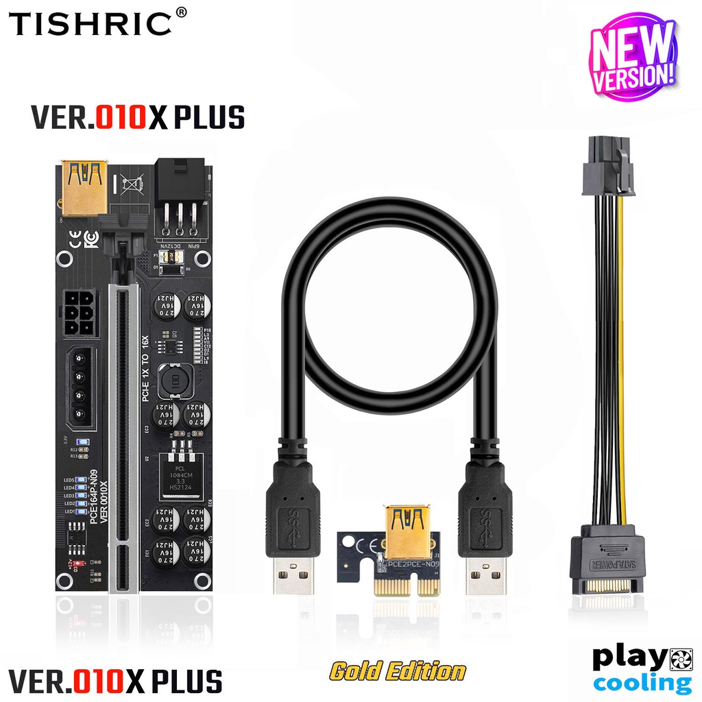 ภาพหน้าปกสินค้าNew Ver.010X PLUS Riser Card PCI-E 16X Gold Edition LED (ไรเซอร์ รุ่นล่าสุด 2021 จัดส่งในไทย รับประกัน1ปี) จากร้าน playcooling บน Shopee