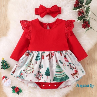 AQQ-Baby Girls Romper with Headband, Christmas Tree Print Long Sleeve Dress for Toddlers