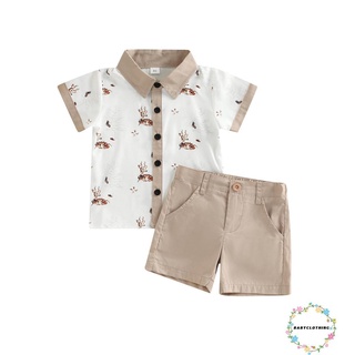 Babyclothes- ชุดเสื้อผ้าเด็กวัยหัดเดิน ฤดูร้อน พิมพ์ลายการ์ตูนกวาง แขนสั้น คอปก กระดุมปิด + กางเกงขาสั้น สีพื้น