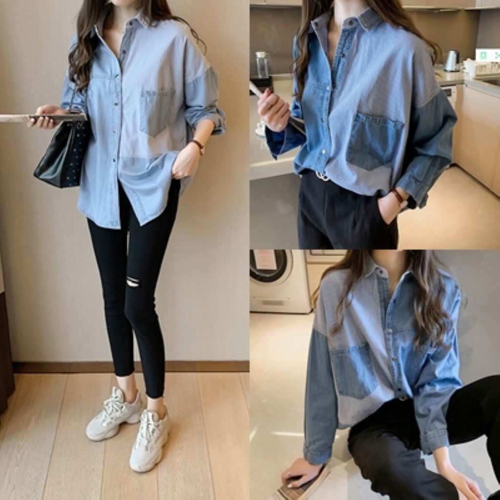 fc-พร้อมส่ง-เสื้อเชิ้ต-สียีนส์-แต่งลายริ้ว-แถบกระดุม-มีกระเป๋าหน้า-มี-2-สี-แฟชั่น