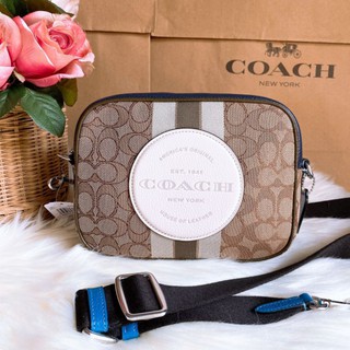 🎀 (สด-ผ่อน) กระเป๋าสะพาย 8 นิ้ว ขาว COACH 1912 Dempsey Camera Bag In Signature Jacquard With Stripe And Coach Patch