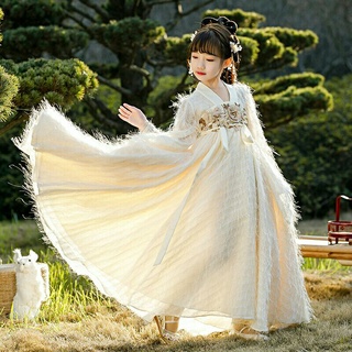 ชุดฮั่นฝูเด็ก Super Fairy โทนสีขาวครีม ผ้าขน แต่งดอกไม้ ชุดเดรส ชุดจีนโบราณ Hanfu ประยุกต์ ชุดเด็ก ชุดกระโปรง