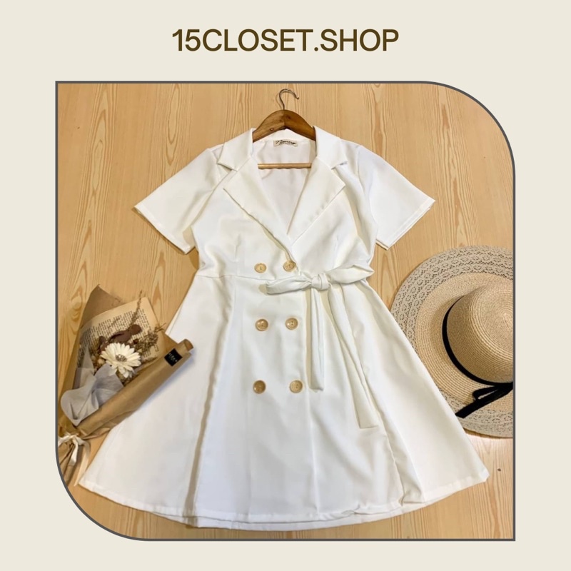 เดรสคอปกแขนสั้นสีพื้นทรงสูท-งานป้าย-nanny-shop