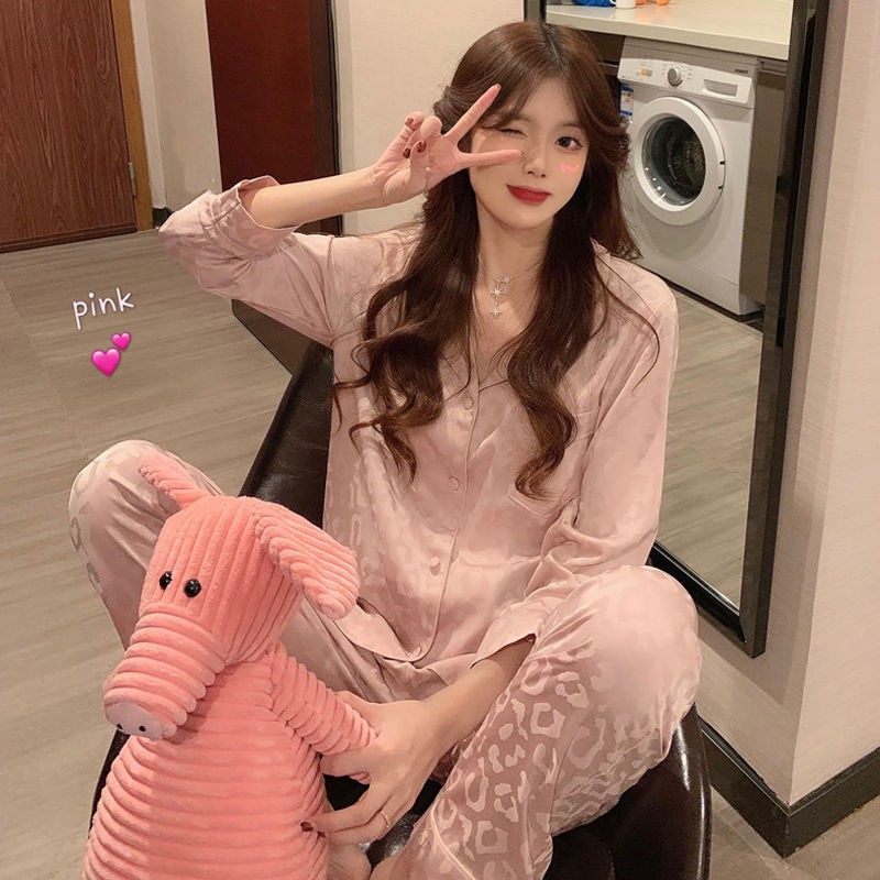 ชุดนอน-ชุดนอนผู้หญิงสไตล์เกาหลีใหม่ชุดฤดูใบไม้ร่วงลายเสือดาวสีชมพูชุดลำลองชุดสองชิ้น