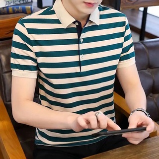 ♨2021 ใหม่ผู้ชายเสื้อยืดแขนสั้นสไตล์เกาหลีอินเทรนด์เสื้อโปโลครึ่งแขนลายเสื้อผ้าอินเทรนด์ยี่ห้อ lapel ความเห็นอกเห็นใจเสื
