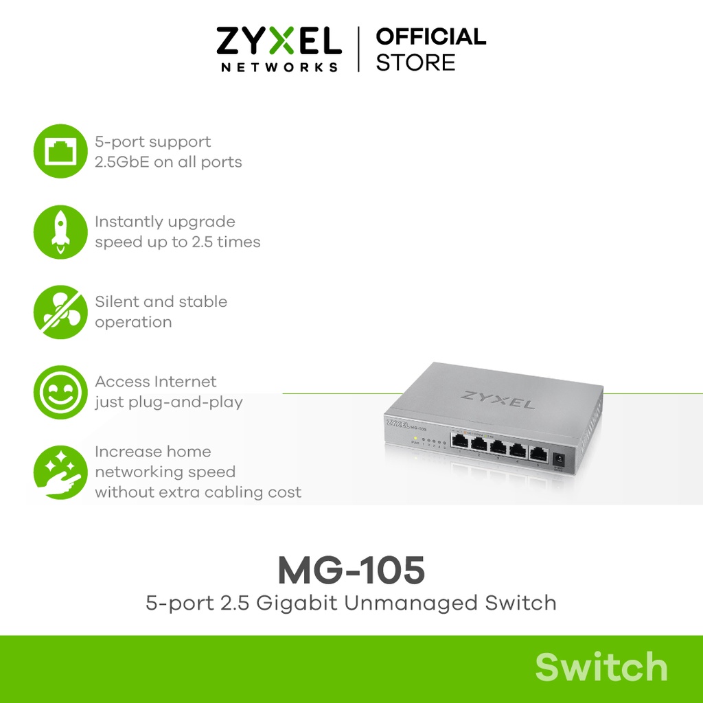 ภาพหน้าปกสินค้าZYXEL MG-105 5 พอร์ต 2.5GbE Unmanaged Desktop Switch สวิตซ์ จากร้าน zyxel_officialstore บน Shopee