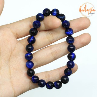 Aomthong กำไลหิน บลูไทเกอร์อายส์ พลอยตาเสือ Blue Tiger Eye ขนาด 8 มม. แต่งสี คดไม้สัก หินมงคล หินสี กำไลหินนำโชค