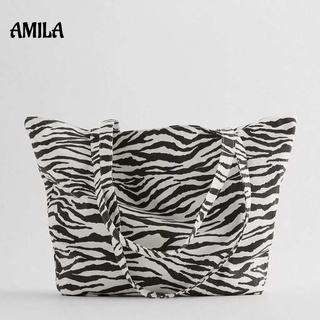 AMILA ความจุสูงกระเป๋าผ้าใบสิริแฟชั่นลายสัตว์ผ้าพิมพ์ลายกระเป๋าช้อปปิ้งถุงสิริ