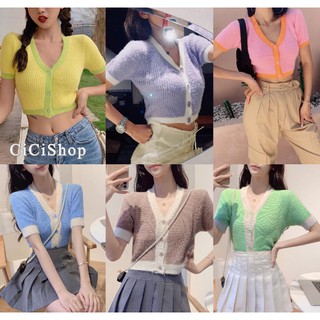 Cicishop(1116-1)เสื้อครอปไหมพรม candycolor ดีเทลกระดุมผ่ากลางทรงเบสิค