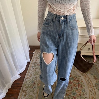 💥Hot sale🍀·Broken Love Thin Jeans Women 2022 High Waist Slit Flared Pants Loose Straight Wide Leg Long Pants