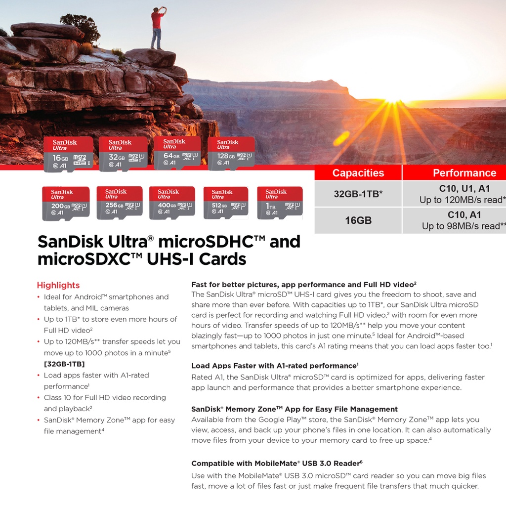 มุมมองเพิ่มเติมของสินค้า Sandisk Ultra Micro SD Card (SDSQUA4) 128GB , 64GB , 32GB Class10 A1 UHS-I ความเร็วสูงสุด140MB/s*(SDSQUAR)