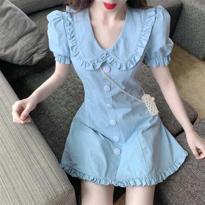 นัวเนียเย็บตุ๊กตาปกชุดเดรสหญิงฤดูร้อนรูปแบบใหม่แขนพัฟเอวเอวบางกระโปรงทรงเอฝรั่งเศส