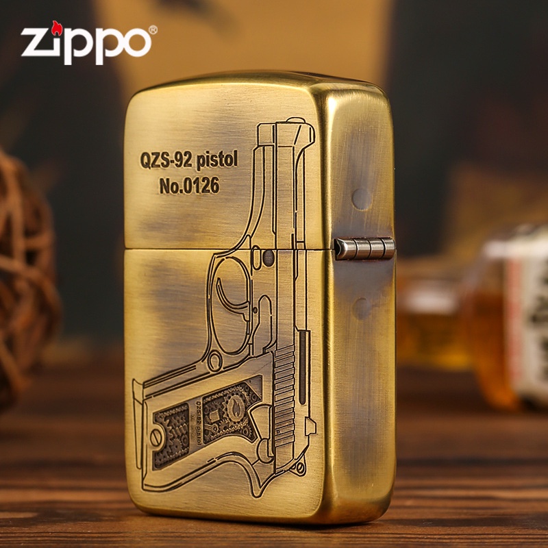 zippo-zippo-ของแท้-zippo-zippo-ไฟแช็กของแท้-ปืนพก-ตราประทับบรอนซ์สลักสองด้าน-ไฟแช็กน้ำมันก๊าดกันลมส่วนบุคคล